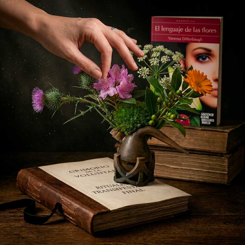 Protocolo de alta intención con laurel y roble sobre un objeto de poder para la manifestación final de la voluntad.