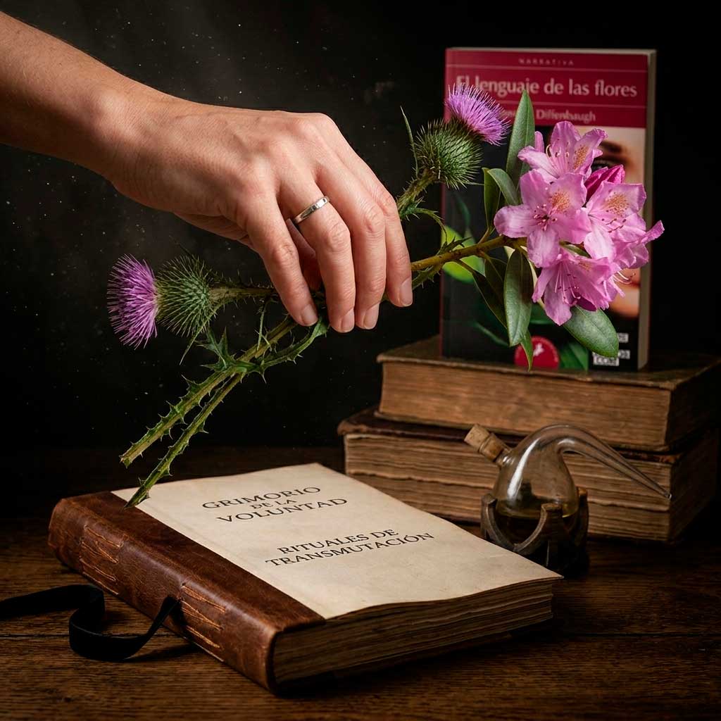 Manos realizando un ritual de transmutación uniendo un cardo y un rododendro para la protección y advertencia de peligro.