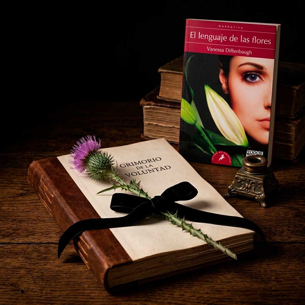 Portada del libro El Lenguaje de las Flores de Vanessa Diffenbaugh junto a un cardo con cinta negra sobre un grimorio antiguo.